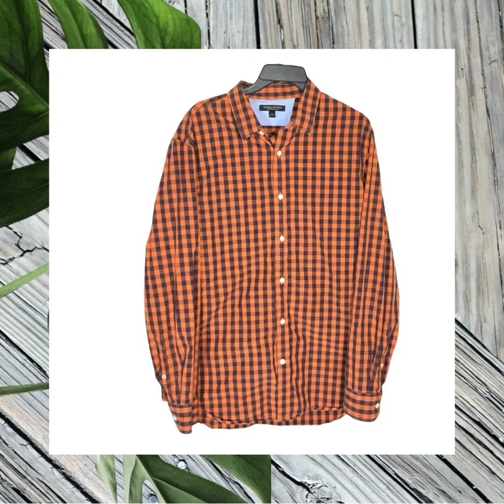 Banana Republic Orange & Navy Checked Long-Sleeved Button Shirt Men Size Large